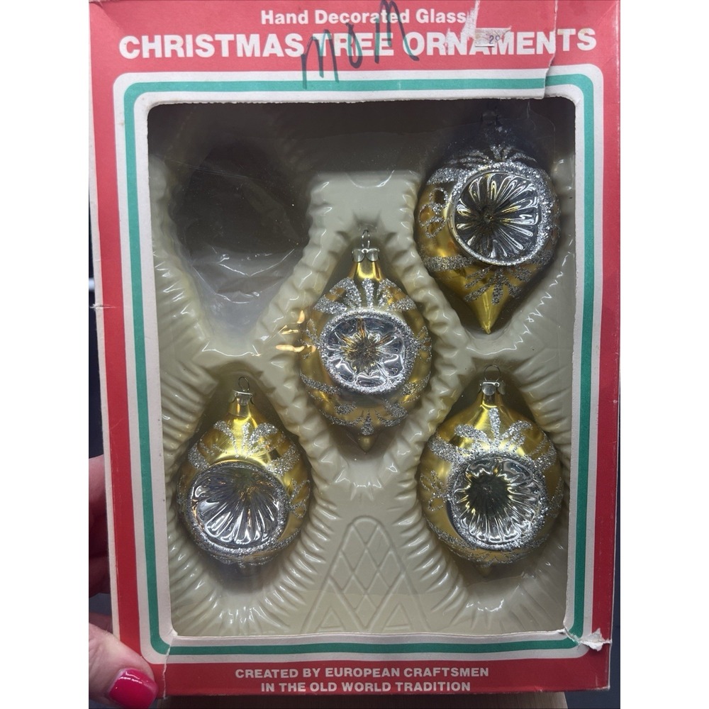 VTG Commodore XMAS CLASSIC ROMANIA TEARDROP INDENT REFLECTOR GLASS ORNAMENTS BOX
